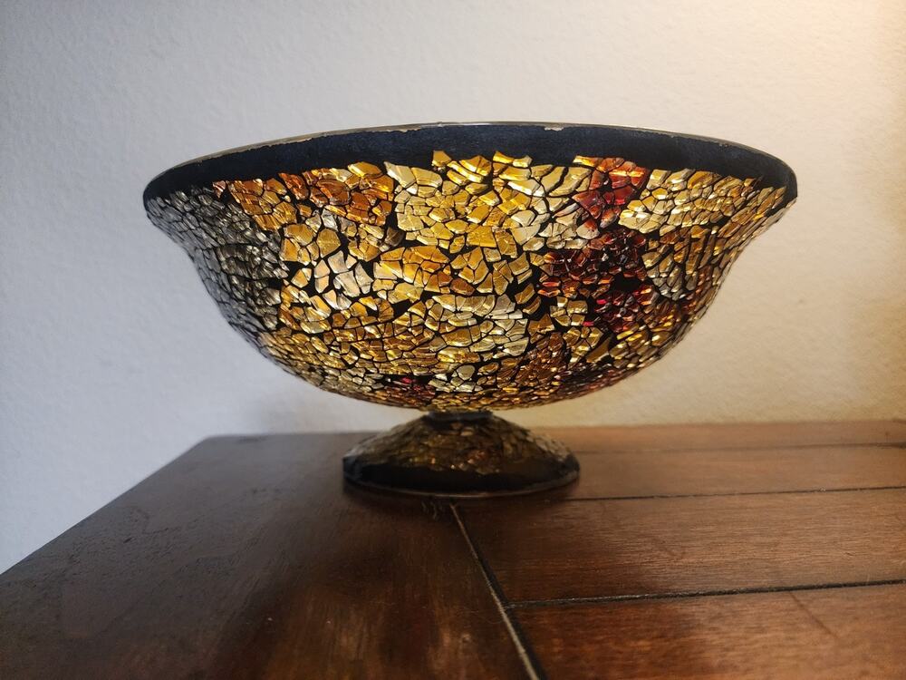 Vintage Crackled Amber Gold Glass Tile Mosaic Pedestal Decorative Bowl 11"